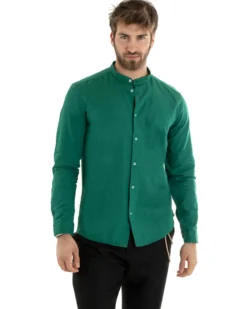 Camicia Uomo Lino Collo Coreano Sartoriale Morbida Tinta Unita Verde Petrolio GIOSAL-C2673A
