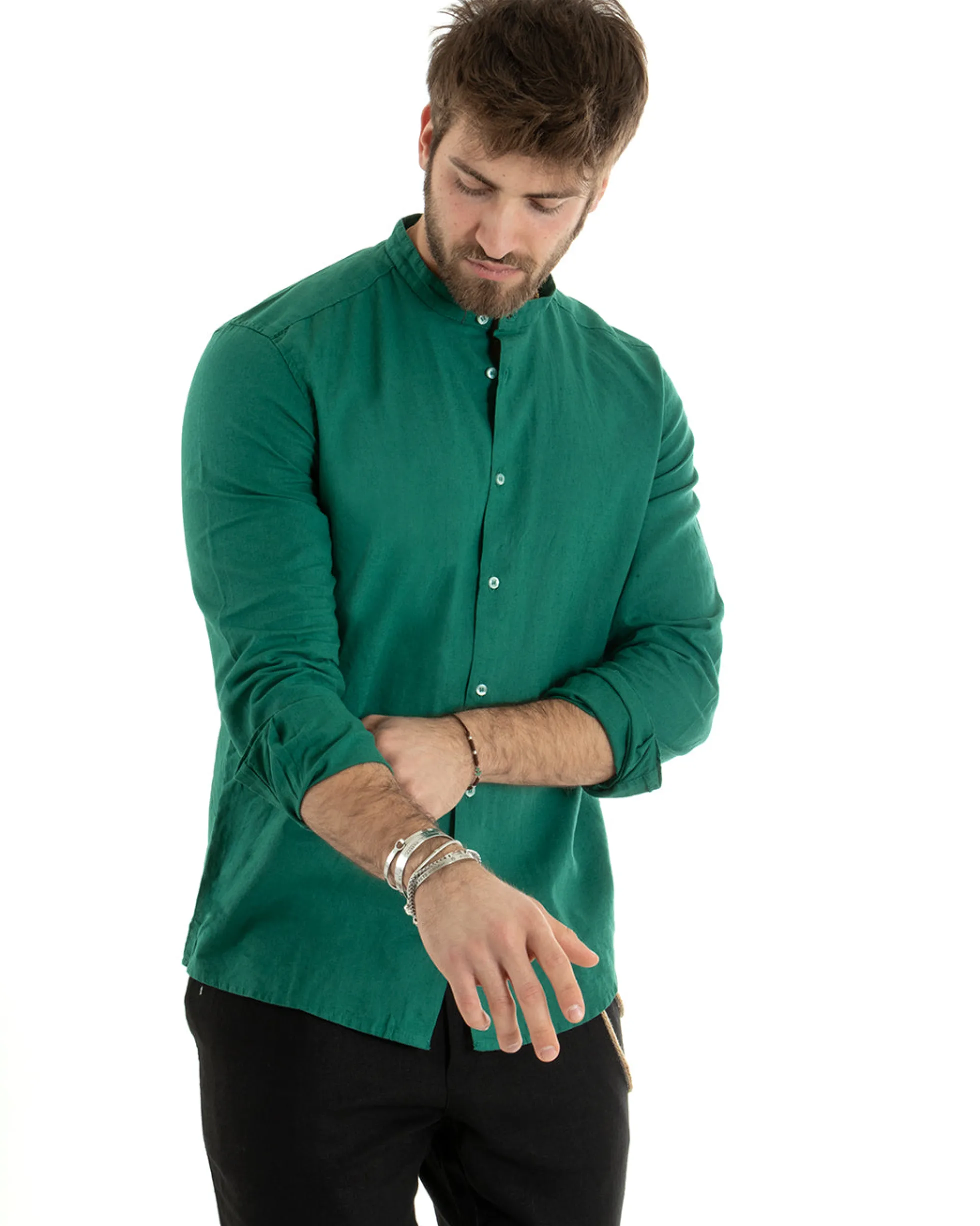 Camicia Uomo Lino Collo Coreano Sartoriale Morbida Tinta Unita Verde Petrolio GIOSAL-C2673A