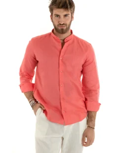 Camicia Uomo Lino Collo Coreano Sartoriale Morbida Tinta Unita Corallo GIOSAL-C2677A