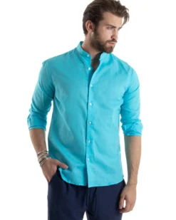 Camicia Uomo Lino Collo Coreano Sartoriale Morbida Tinta Unita Turchese GIOSAL-C2678A