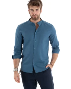 Camicia Uomo Lino Collo Coreano Sartoriale Morbida Tinta Unita Avio GIOSAL-C2668A