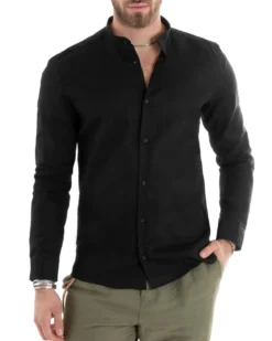 Camicia Uomo Lino Collo Coreano Sartoriale Basic Nero C2667A
