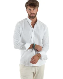 Camicia Uomo Lino Collo Coreano Sartoriale Basic Bianco C3002A