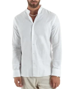 Camicia Uomo Lino Collo Coreano Sartoriale Basic Bianco C3002A