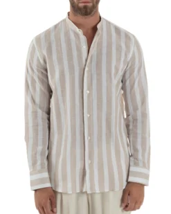 Camicia Uomo Lino Collo Coreano Riga Larga Beige C3018A