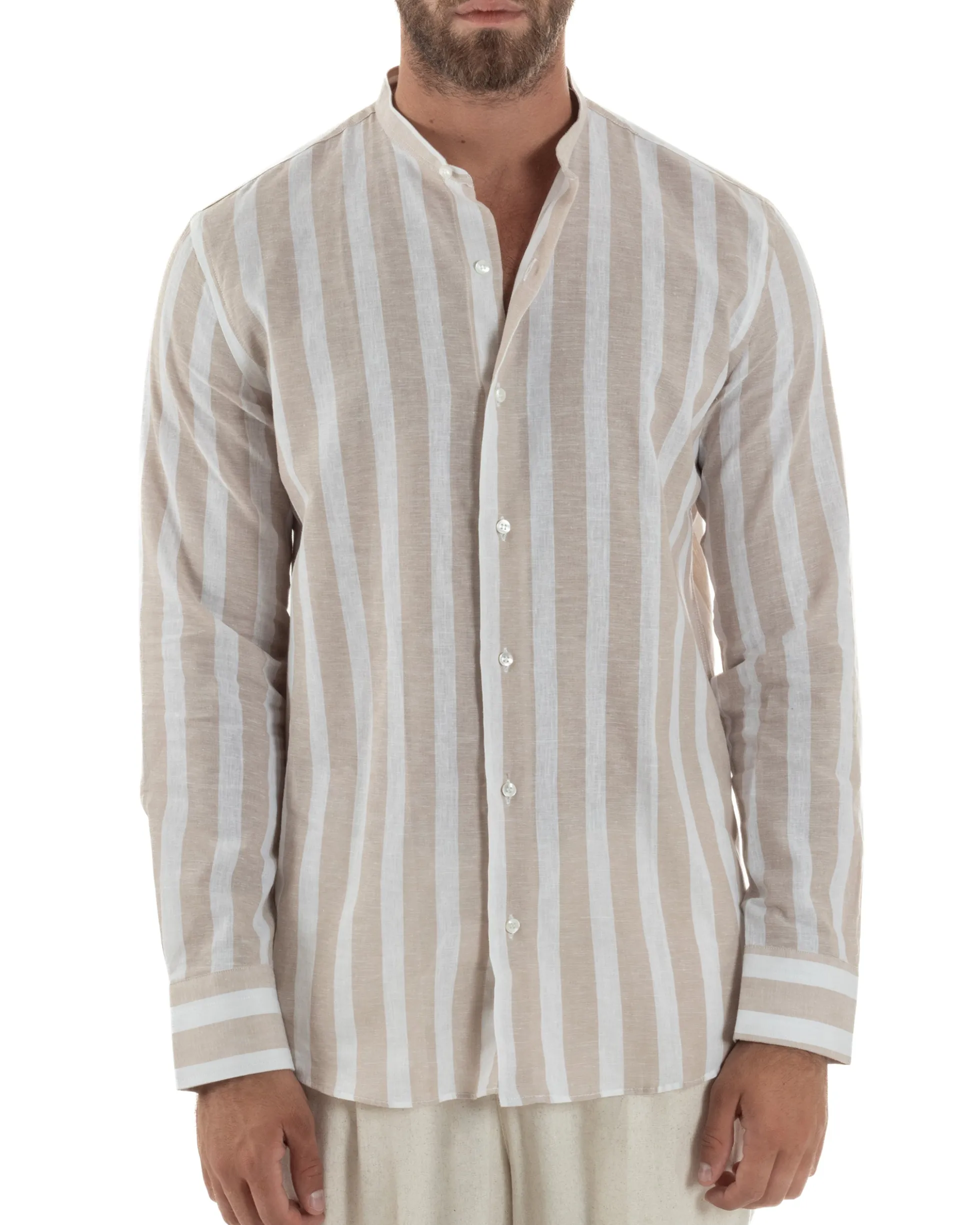 Camicia Uomo Lino Collo Coreano Riga Larga Beige C3018A