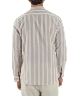 Camicia Uomo Lino Collo Coreano Riga Larga Beige C3018A