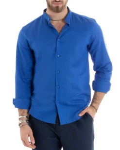 Camicia Uomo Lino Collo Coreano Sartoriale Basic Blu Royal C2669A