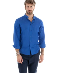 Camicia Uomo Lino Collo Coreano Sartoriale Basic Blu Royal C2669A