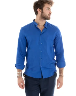 Camicia Uomo Lino Collo Coreano Sartoriale Basic Blu Royal C2669A