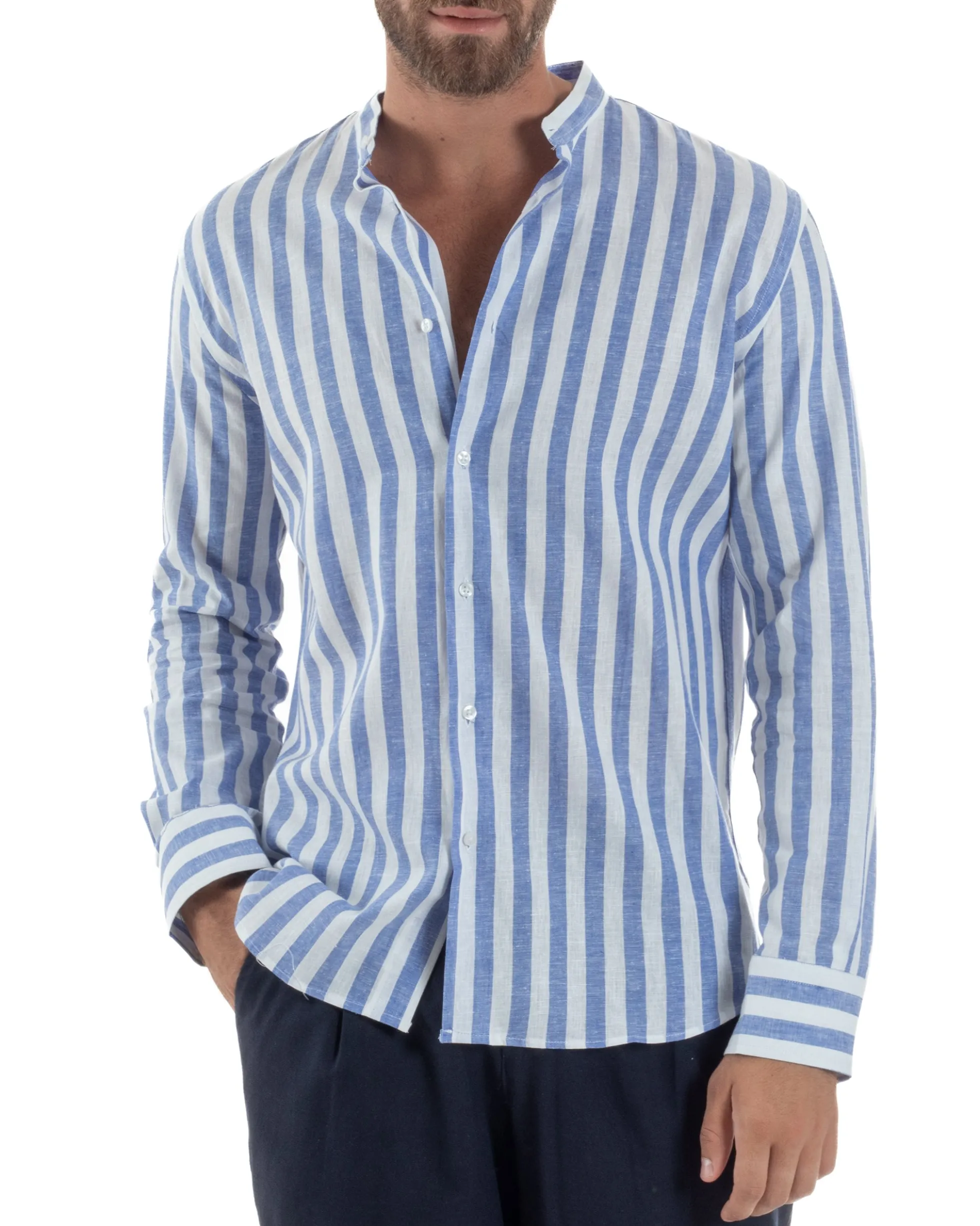 Camicia Uomo Lino Collo Coreano Riga Larga Blu C3017A