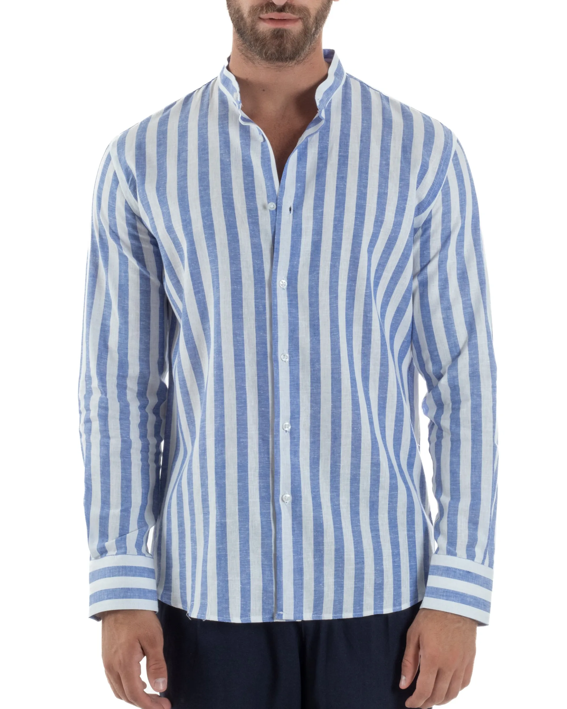 Camicia Uomo Lino Collo Coreano Riga Larga Blu C3017A