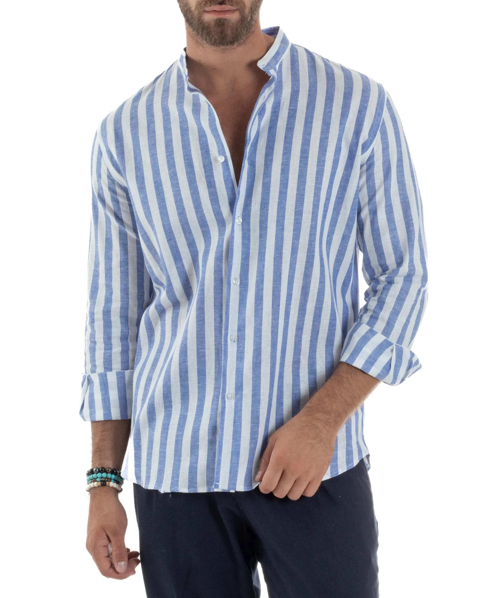 Camicia Uomo Lino Collo Coreano Riga Larga Blu C3017A