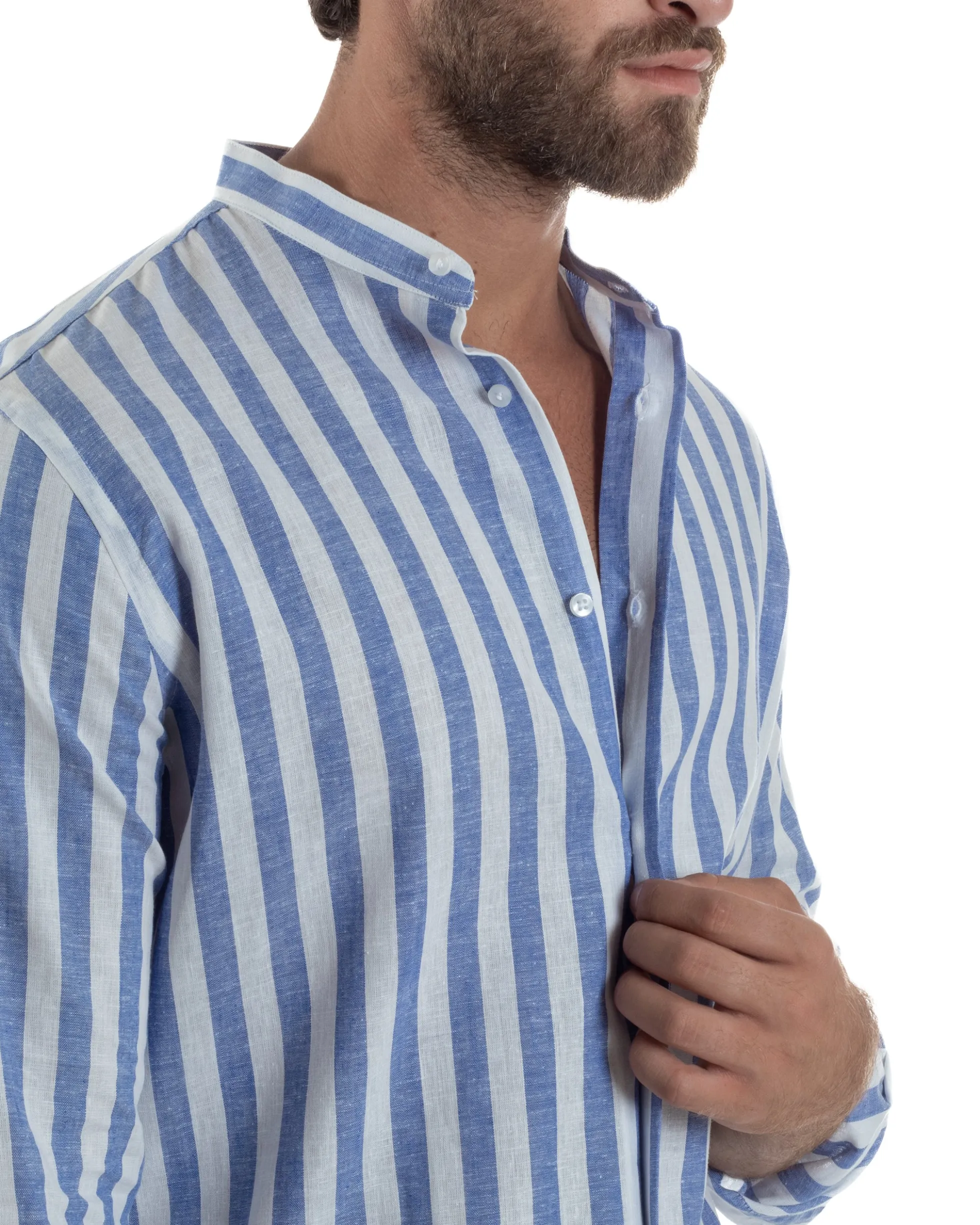 Camicia Uomo Lino Collo Coreano Riga Larga Blu C3017A