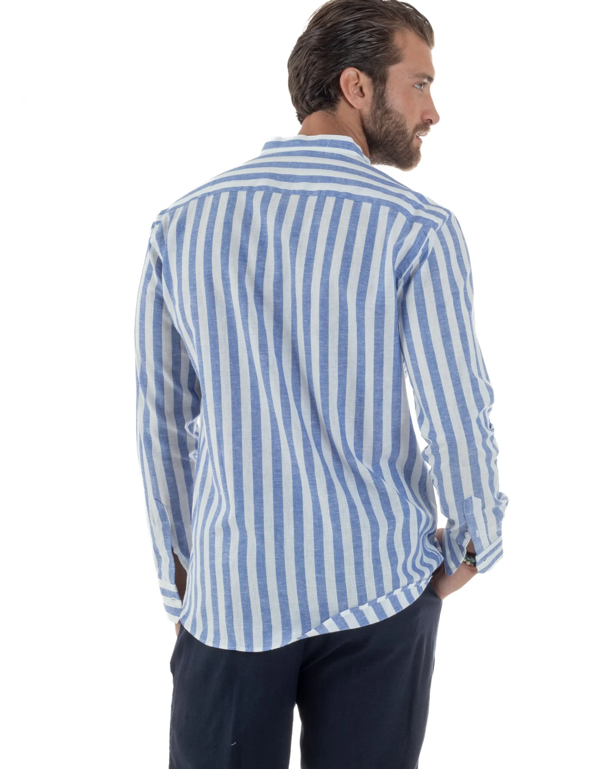 Camicia Uomo Lino Collo Coreano Riga Larga Blu C3017A