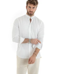 Camicia Uomo Lino Collo Coreano Sartoriale Basic Bianco C2665A
