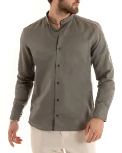 Camicia Uomo Lino Collo Coreano Sartoriale Basic Fango C2672A