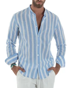 Camicia Uomo Lino Collo Coreano Riga Larga Celeste C3019A