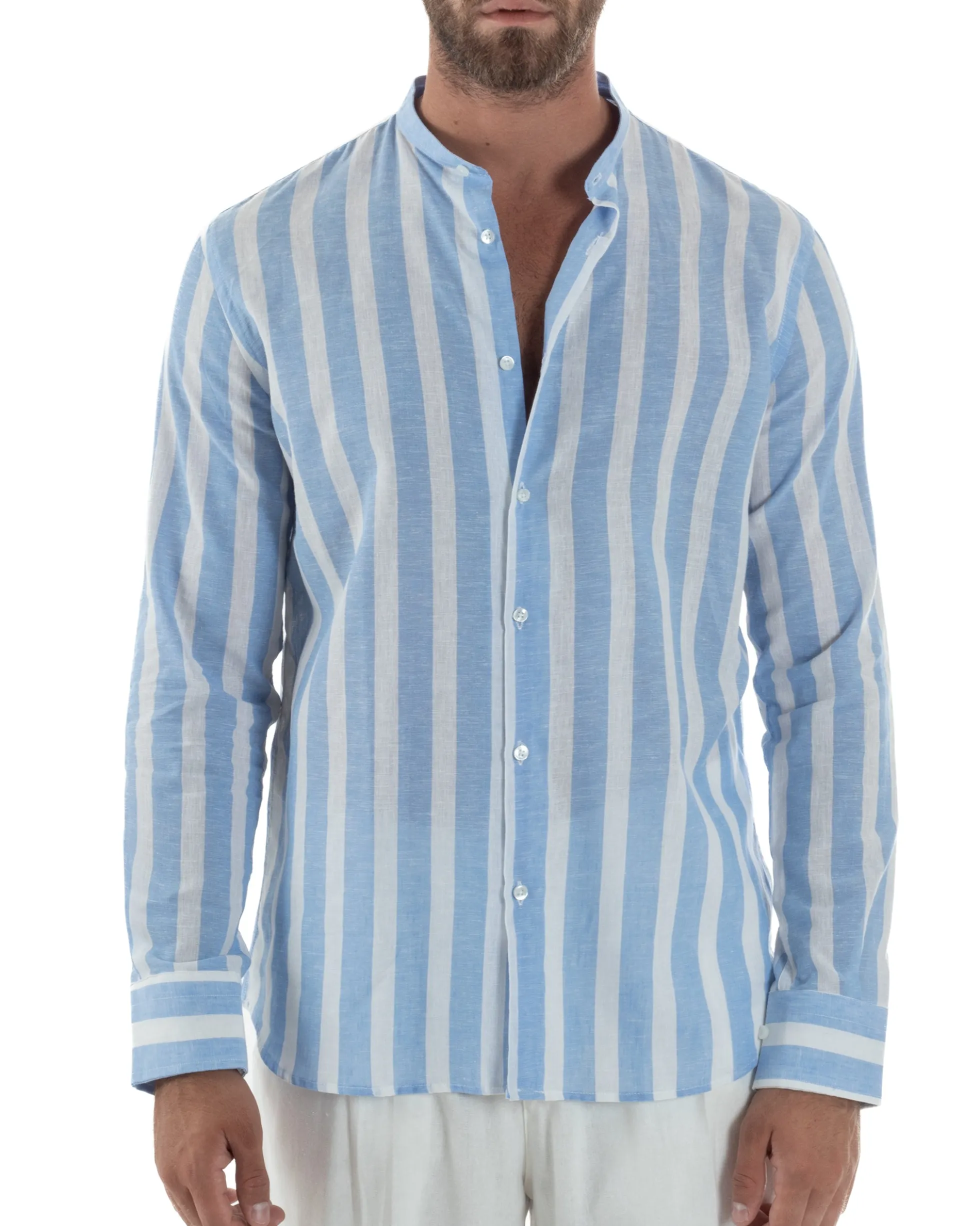 Camicia Uomo Lino Collo Coreano Riga Larga Celeste C3019A