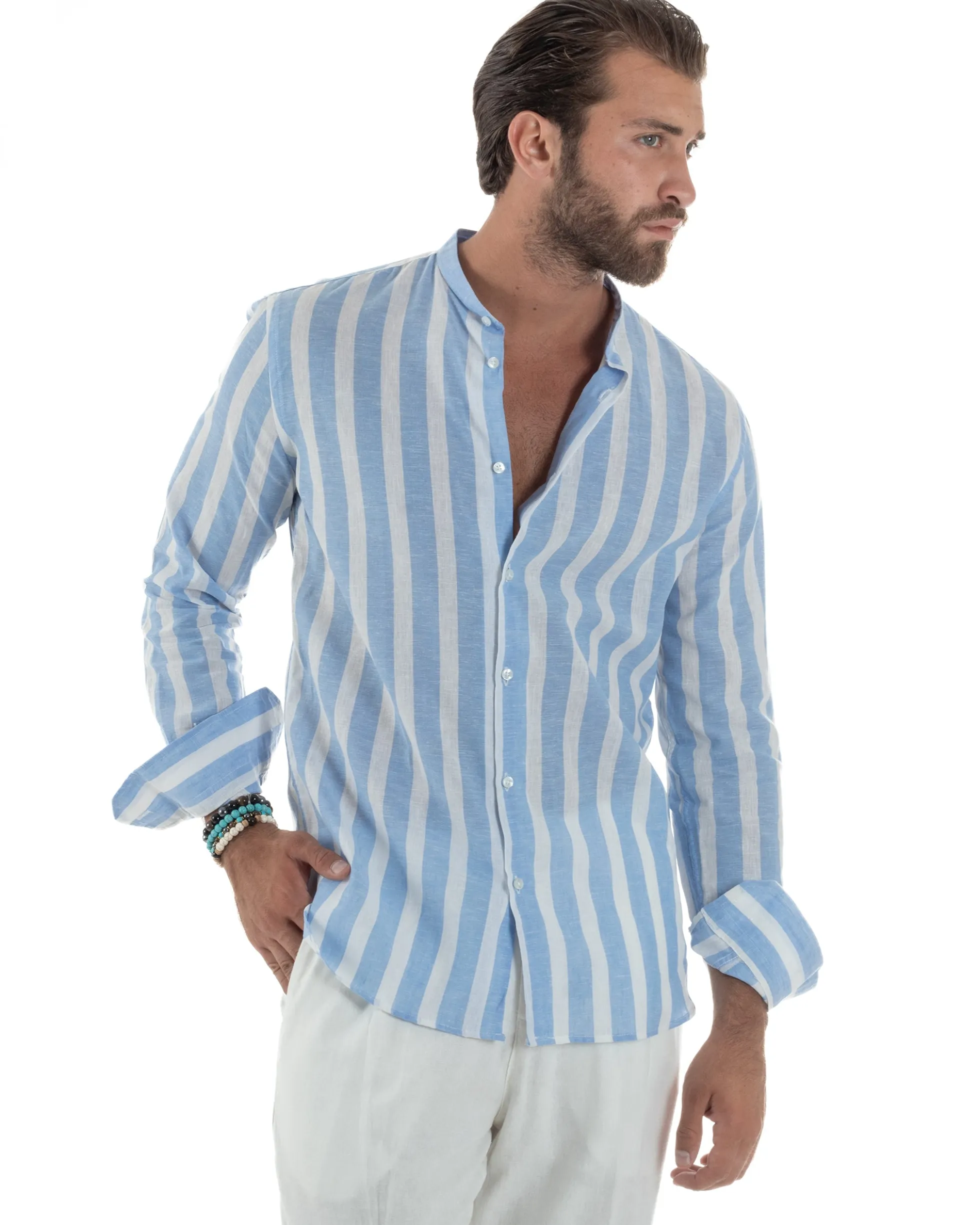 Camicia Uomo Lino Collo Coreano Riga Larga Celeste C3019A