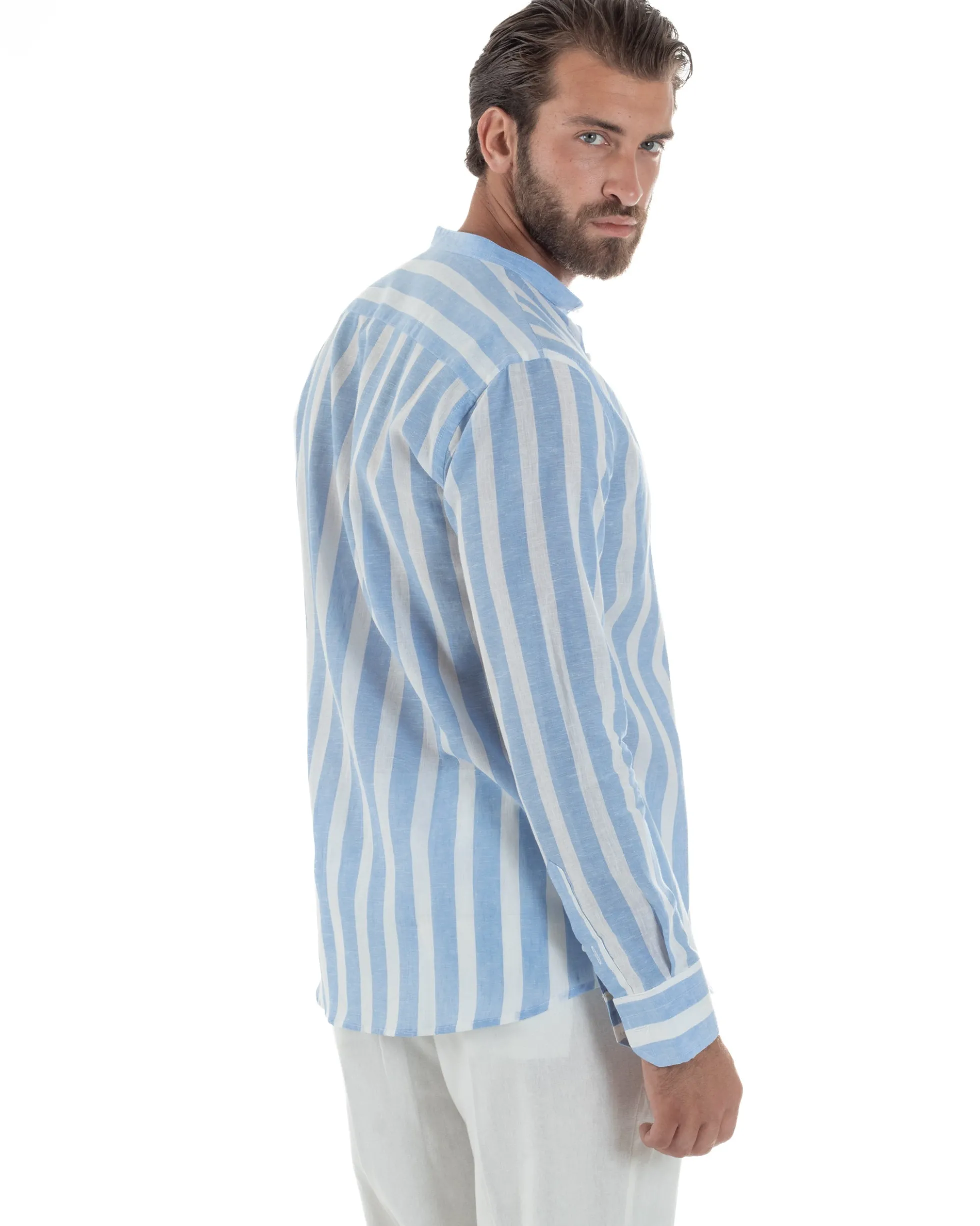 Camicia Uomo Lino Collo Coreano Riga Larga Celeste C3019A