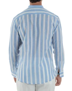 Camicia Uomo Lino Collo Coreano Riga Larga Celeste C3019A