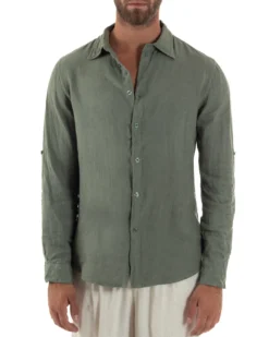 Camicia uomo lino collo francese slim fit basic casual verde GIOSAL-C3033A