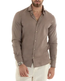Camicia Uomo Lino Collo Francese Casual Sartoriale Tinta Unita Fango GIOSAL-C2714A