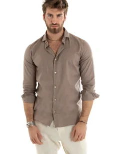 Camicia Uomo Lino Collo Francese Casual Sartoriale Tinta Unita Fango GIOSAL-C2714A