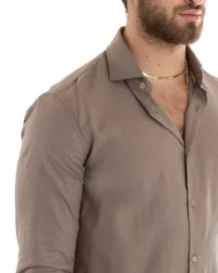 Camicia Uomo Lino Collo Francese Casual Sartoriale Tinta Unita Fango GIOSAL-C2714A