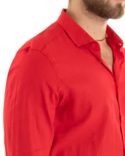 Camicia Uomo Lino Collo Francese Casual Sartoriale Tinta Unita Rosso GIOSAL-C2721A