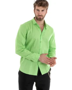 Camicia Uomo Lino Collo Francese Casual Sartoriale Tinta Unita Verde Acido GIOSAL-C2719A