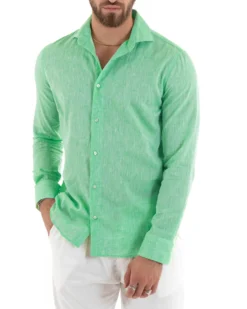Camicia Uomo Lino Collo Francese Sartoriale Verde Menta Melangiata C3058A