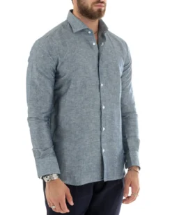 Camicia Uomo Lino Collo Francese Sartoriale Blu Melangiata C2685A