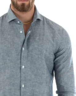 Camicia Uomo Lino Collo Francese Sartoriale Blu Melangiata C2685A