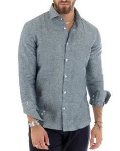 Camicia Uomo Lino Collo Francese Sartoriale Blu Melangiata C2685A