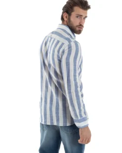 Camicia Uomo Lino Collo Francese Regular Fit Riga Larga Blu C2855A
