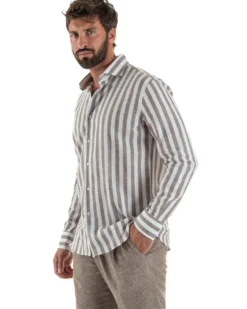 Camicia uomo lino collo francese rigata larga marrone GIOSAL-C3087A