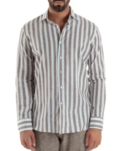 Camicia uomo lino collo francese rigata larga marrone GIOSAL-C3087A