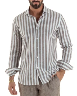 Camicia uomo lino collo francese rigata larga marrone GIOSAL-C3087A