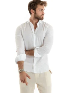 Camicia uomo lino collo francese sartoriale casual bianco GIOSAL-C2711A