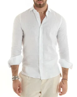 Camicia uomo lino collo francese sartoriale casual bianco GIOSAL-C2711A