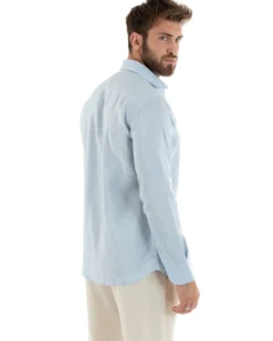 Camicia Uomo Lino Collo Francese Sartoriale Celeste Melangiata C2686A