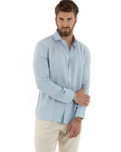 Camicia Uomo Lino Collo Francese Sartoriale Celeste Melangiata C2686A