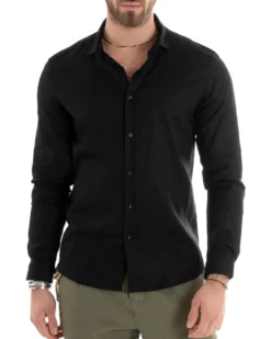 Camicia Uomo Lino Collo Francese Sartoriale Nero C2715A
