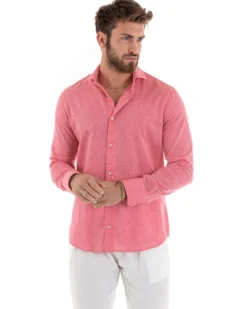 Camicia Uomo Lino Collo Francese Sartoriale Corallo Melangiata C2680A