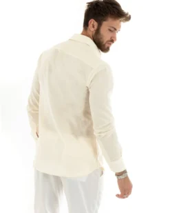 Camicia Uomo Lino Collo Francese Sartoriale Beige Melangiata C2682A