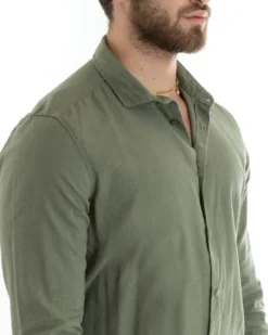 Camicia Uomo Lino Collo Francese Sartoriale Verde Militare C2713A