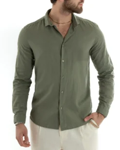 Camicia Uomo Lino Collo Francese Sartoriale Verde Militare C2713A