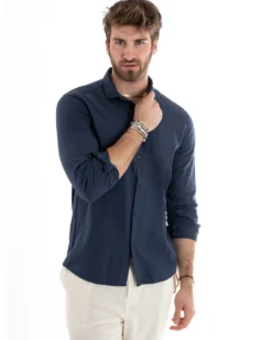 Camicia Uomo Lino Collo Francese Sartoriale Blu C2712A